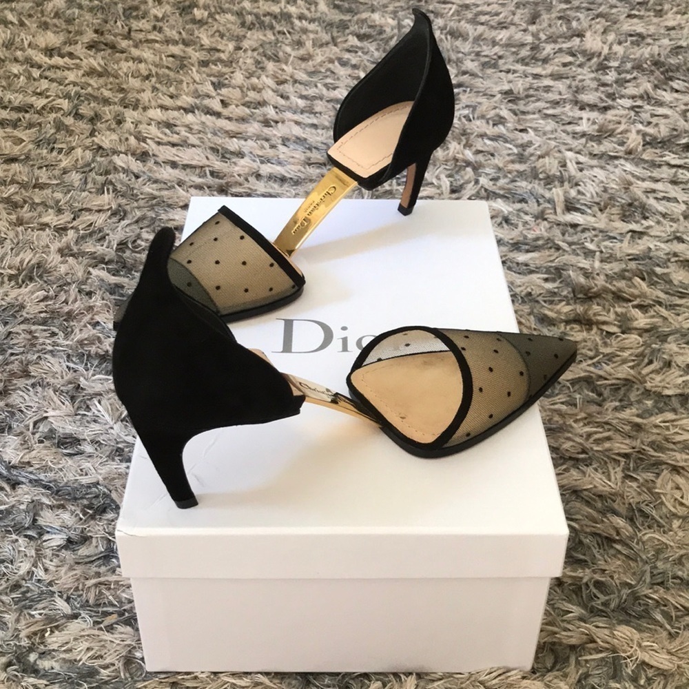 Christian Dior D-Vision Pump Heels Black Polka Dot Mesh Suede Gold Hardware 36 - Picture 4 of 11